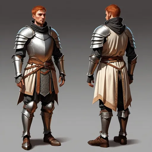 Prompt: character design for a game, low-level warrior, , design of light fabric armor with leather inserts, medieval, fantasy, digital art, gothic setting,