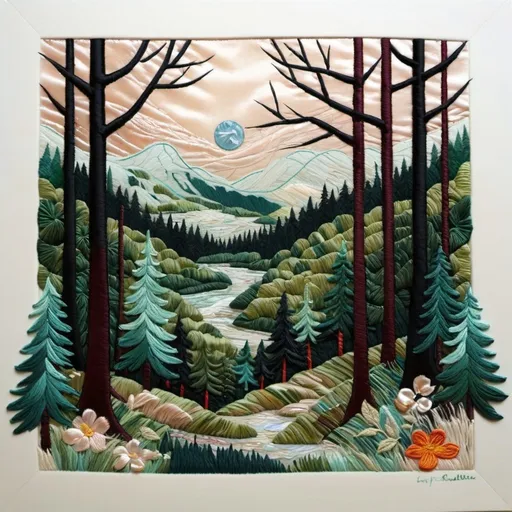 Prompt: landscape, forest, mixing styles, embroidery and mother-of-pearl gouache