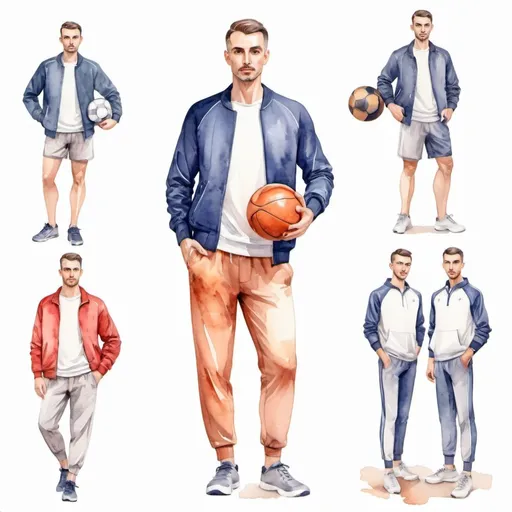 Prompt: Fashion design for men. coach, physical education teacher with a ball in his hands, Full growth, sportswear, modest appearance, watercolor. Faces of correct, realistic proportions. Small eyes.