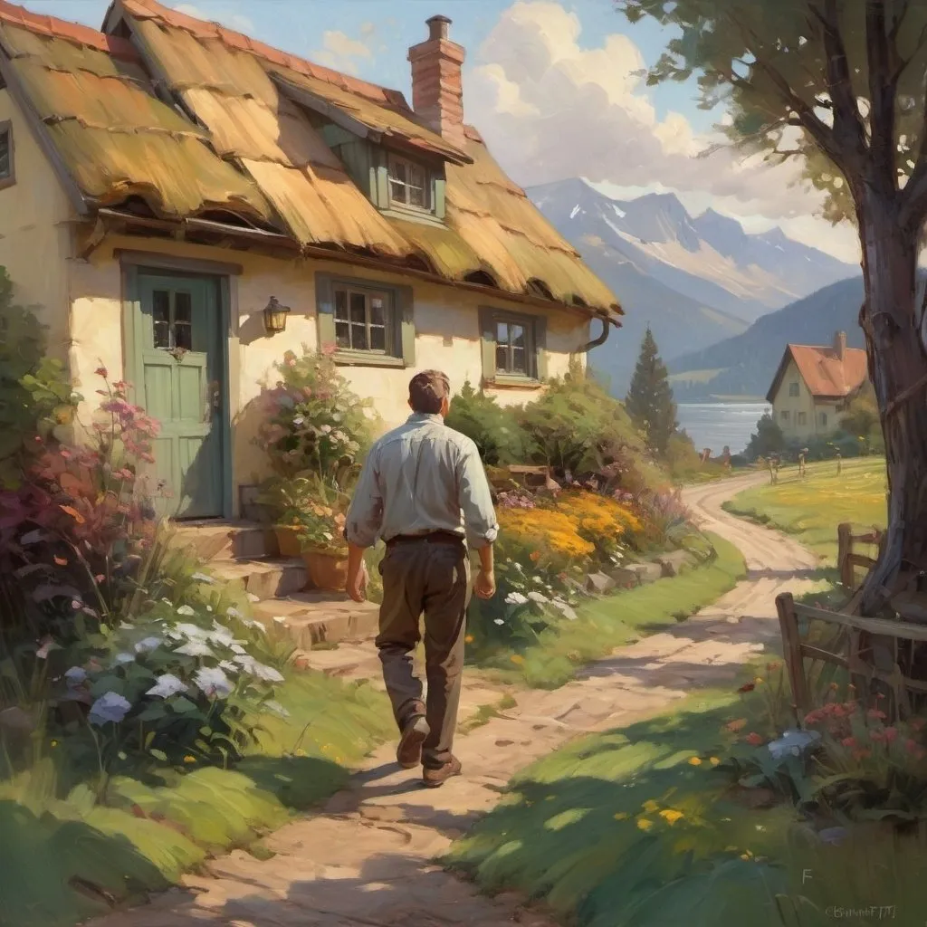 Prompt: Oil on canvas painting depicting a man coming home to his quaint cottage, adult man walking to cottage, expressively broad brush strokes, cosy vibes, 8k, trending on pinterest, by daniel f. gerhartz