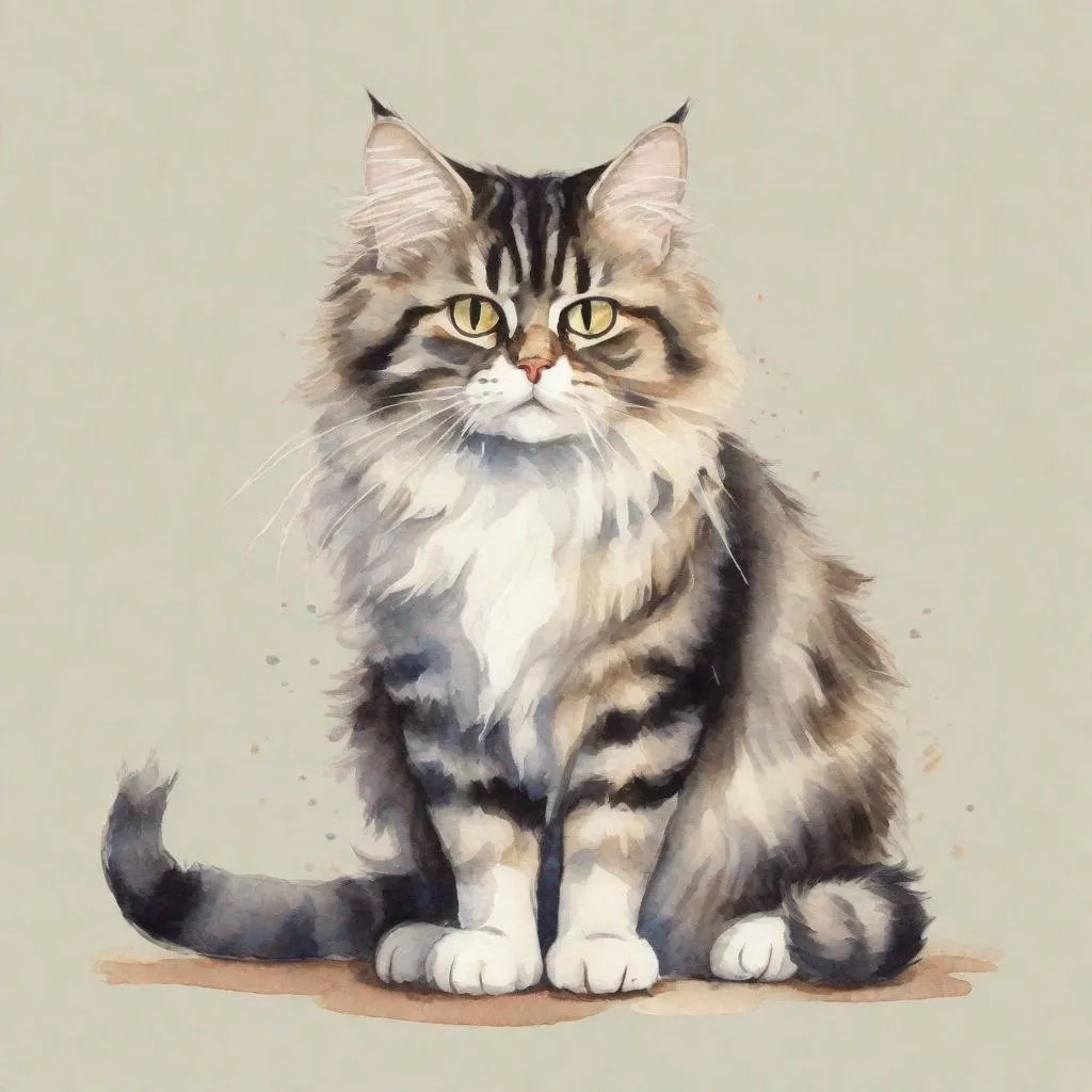 Prompt: cartoon fluffy domestic striped cat in full growth, standing with one paw raised, watercolor, discreet colors
