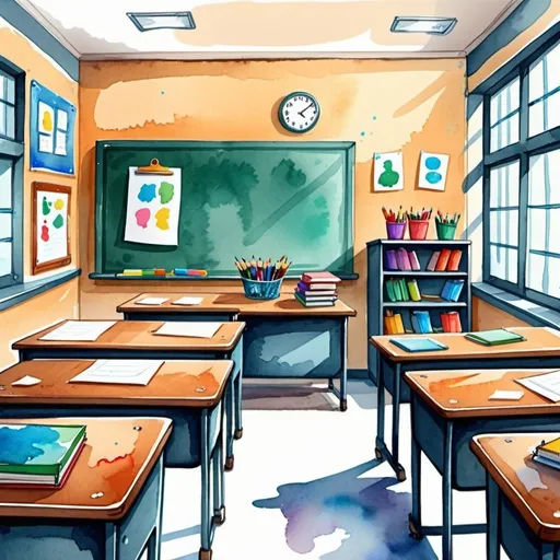 Prompt: school room, wet watercolor, simple shapes, subdued colors, desks, teacher's desk. cartoon style, view directly at the school board in the center, windows on the left, wall on the right with an exit and drawings on the wall, illustration for the game