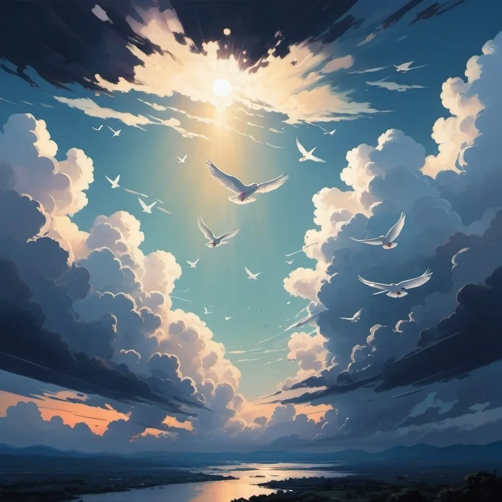 Prompt: Intricate stunning highly detailed illustrated landscape, white birds soaring in the dark sky, clouds looming in the distance, evening, magical, unearthly, works by Gouways, Ulop and Ilya Kuvshinov, sunlight breaking through the clouds