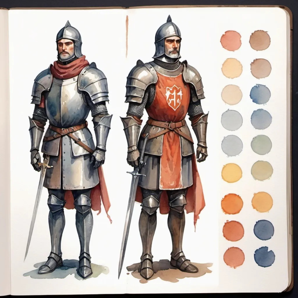 Prompt: Subdued colors, watercolor. character design for a full-length game, clothing design for a knight, fantasy, realistic body proportions, Soviet graphics. Faces with correct, realistic proportions. Small eyes.