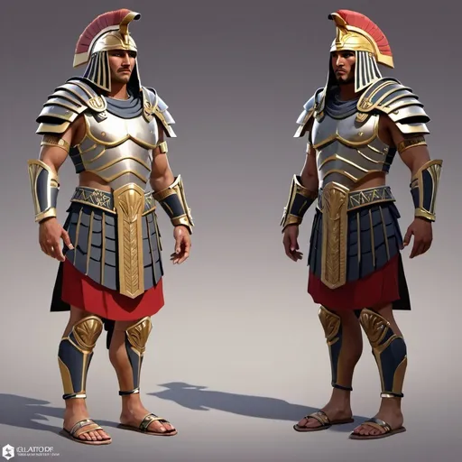 Prompt: character design for the game, gladiator, secutor light armor design, fantasy, digital art, Egyptian theme, low poly, few details