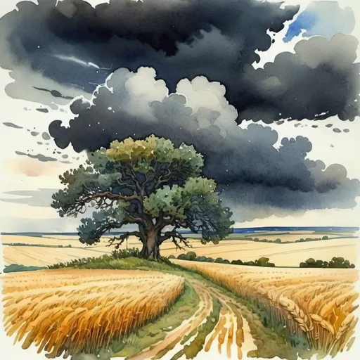 Prompt: beautiful landscape, dark clouds before a thunderstorm, sea of wheat, lonely oak tree, watercolor, in the style of Vasnetsov and Bilibin