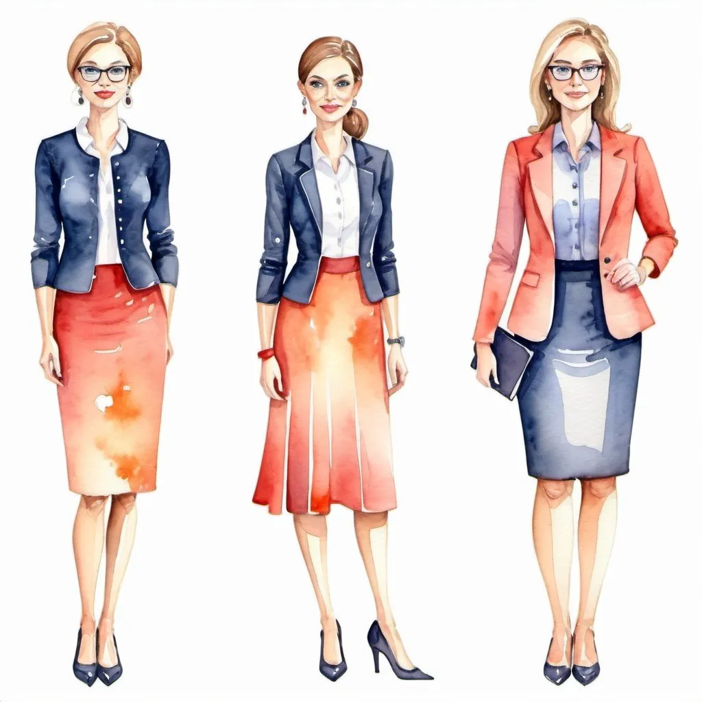 Prompt: Fashion design for education teacher, Full growth, modest appearance, watercolor. Faces of correct