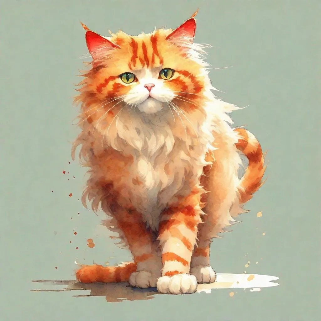 Prompt: cartoon cute fluffy red cat in full growth, standing sideways  with one paw raised, watercolor, discreet colors, art by Hiten pixiv, Gustav Klimt, Jeremy mann, high quality. 4k