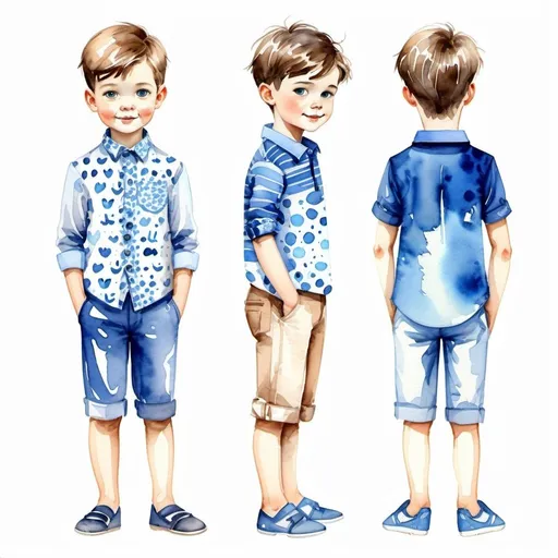 Prompt: Clothes design for boys. Full height, straight, arms along the body slightly to the side, blue pattern, watercolor.  Faces with correct realistic proportions. Small eyes.