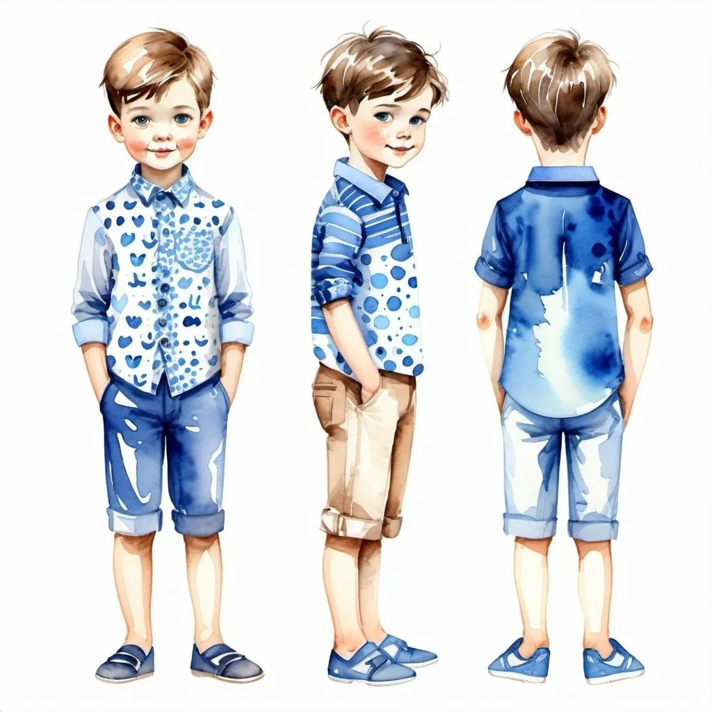 Prompt: Clothes design for boys. Full height, straight, arms along the body slightly to the side, blue pattern, watercolor.  Faces with correct realistic proportions. Small eyes.