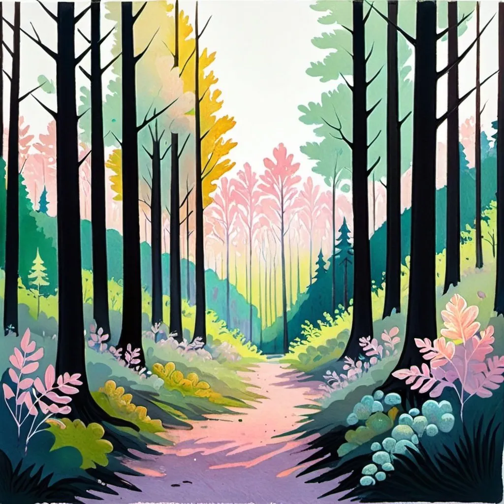 Prompt: landscape, forest, a mixture of pastel and pearlescent gouache styles