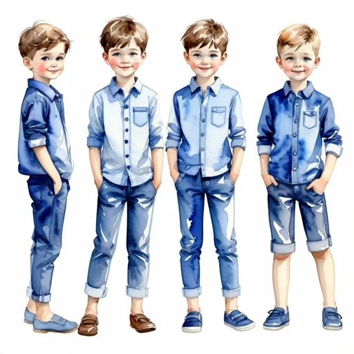 Prompt: Clothes design for boys. Full height, straight, arms along the body slightly to the side, blue , watercolor.  Faces with correct realistic proportions. Small eyes.