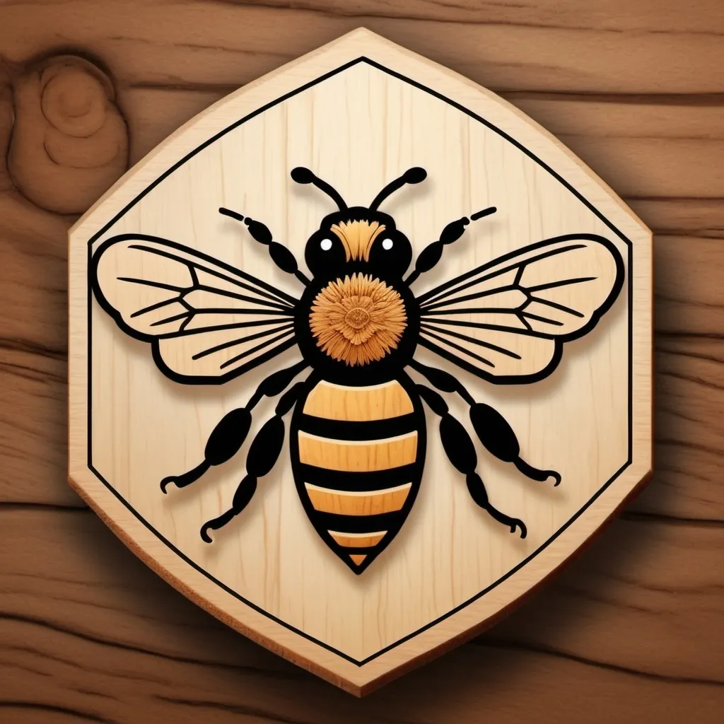 Prompt: Generate image using prompt: bee logo, wood burning, wood carving elements on a wooden hexagon, graphic brown lines, bee stylization to simple