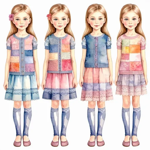 Prompt: Clothes design for seven year old girls. Full length, straight, arms along the body, patchwork, knitted lace, watercolor. 