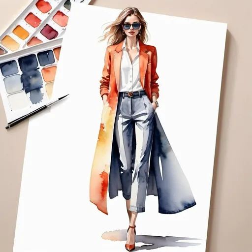 Prompt: fashion design, contrasting colors, rich textured fabric, beauty and sophistication, casual clothes, watercolor style, full-length figure standing straight,