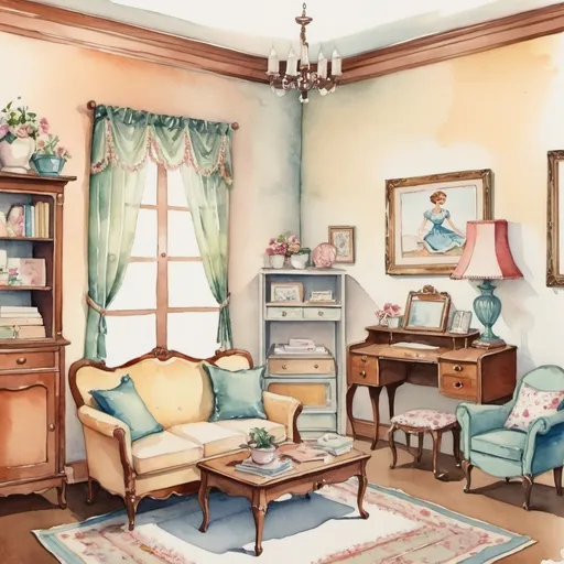 Prompt: paper doll room, living room, modesty, vintage, watercolor