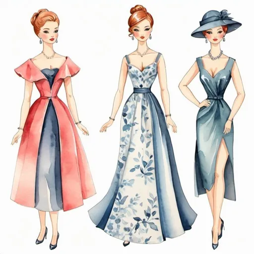 Prompt: design of beautiful elegant clothes for a paper doll, 4 outfits, watercolor, original, classic