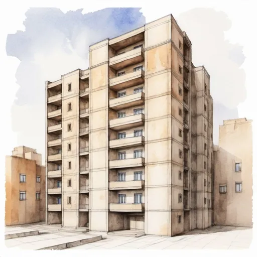 Prompt: Architecture of a multi-storey residential building with elements of the ancient Babylonian civilization, pencil sketch, watercolor, simplicity and beauty, restraint