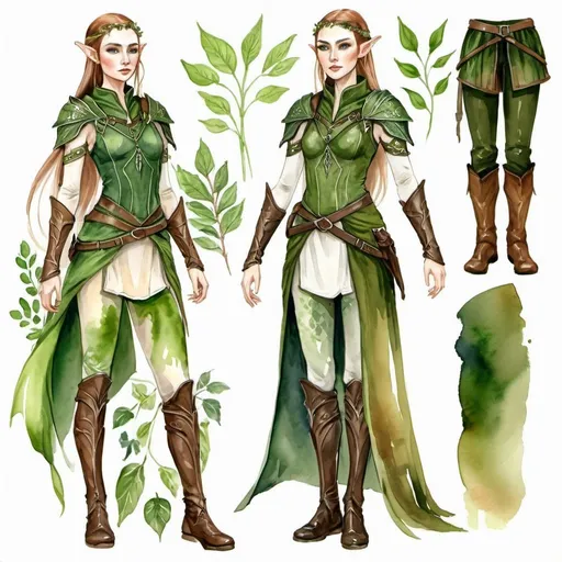 Prompt: design of elven military clothing, a full-length girl with her arms along her body, two outfits, a combination of green and broun, watercolor, plant elements,