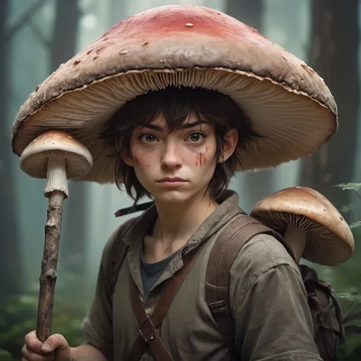 Prompt: Ghibli movie. gerhart, guweiz. portrait a fierce mushroom-person holding a spear, hunter, fantasy, ghibli. using natural light to highlight weathered textures. with a blurred background. with an emphasis on expression and mood