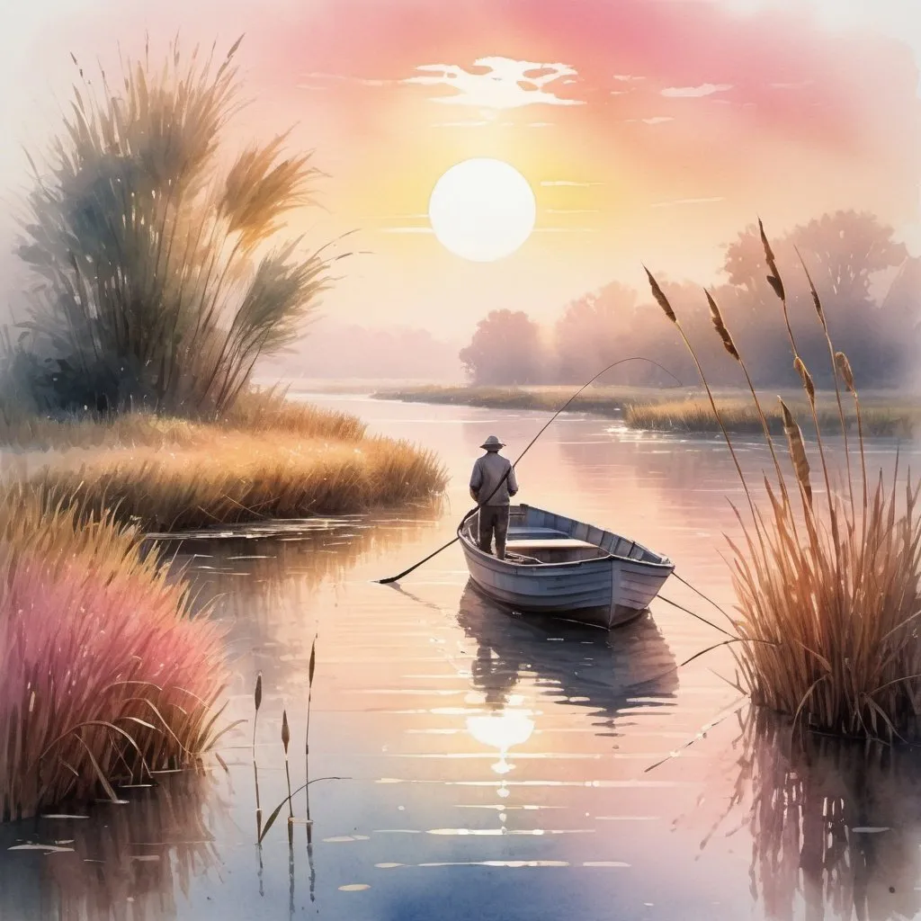 Prompt: 

"Beautiful landscape, dawn, rising sun, river, boat with a fisherman, reeds in the foreground, sun rays playing in dew drops, digital art, watercolor, oil painting, dramatic lighting, bright light coming in, feeling of contrast, soft colors, golden pink"