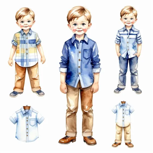 Prompt: Fashion design for a 5-year-old boy. Full-length, straight, arms along the body, casual clothes, modest appearance, watercolor. Faces with correct, realistic proportions. Small eyes.