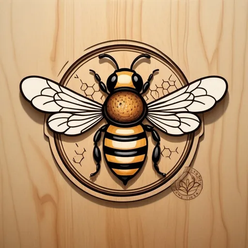 Prompt: logo, bee carries a pot above itself, wood burning, wood carving, brown lines from the effect of indentation on the plane of a wooden board