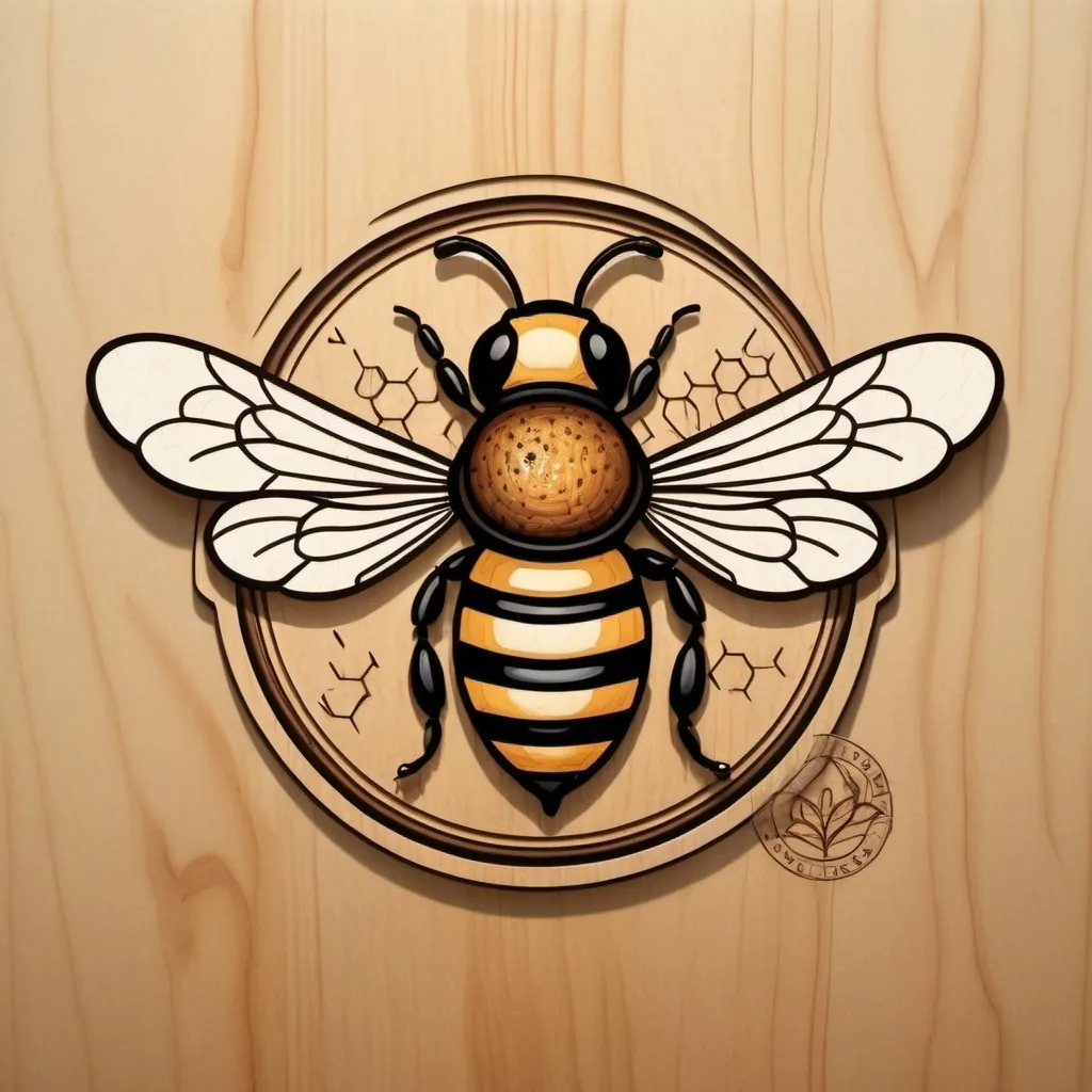 Prompt: logo, bee carries a pot above itself, wood burning, wood carving, brown lines from the effect of indentation on the plane of a wooden board