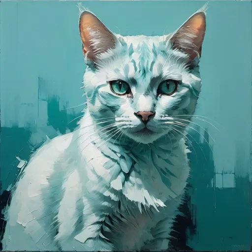 Prompt: an oil painting of a cat, in the style of jeremy mann, striking, modern art, aesthetic, light blue background, colors matching a teal wall