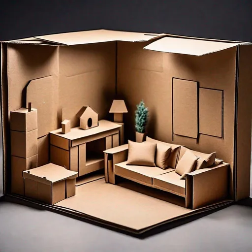 Prompt: design of a box showing a living room with furniture made of cardboard, beige packaging cardboard, handmade style, front view, direct perspective