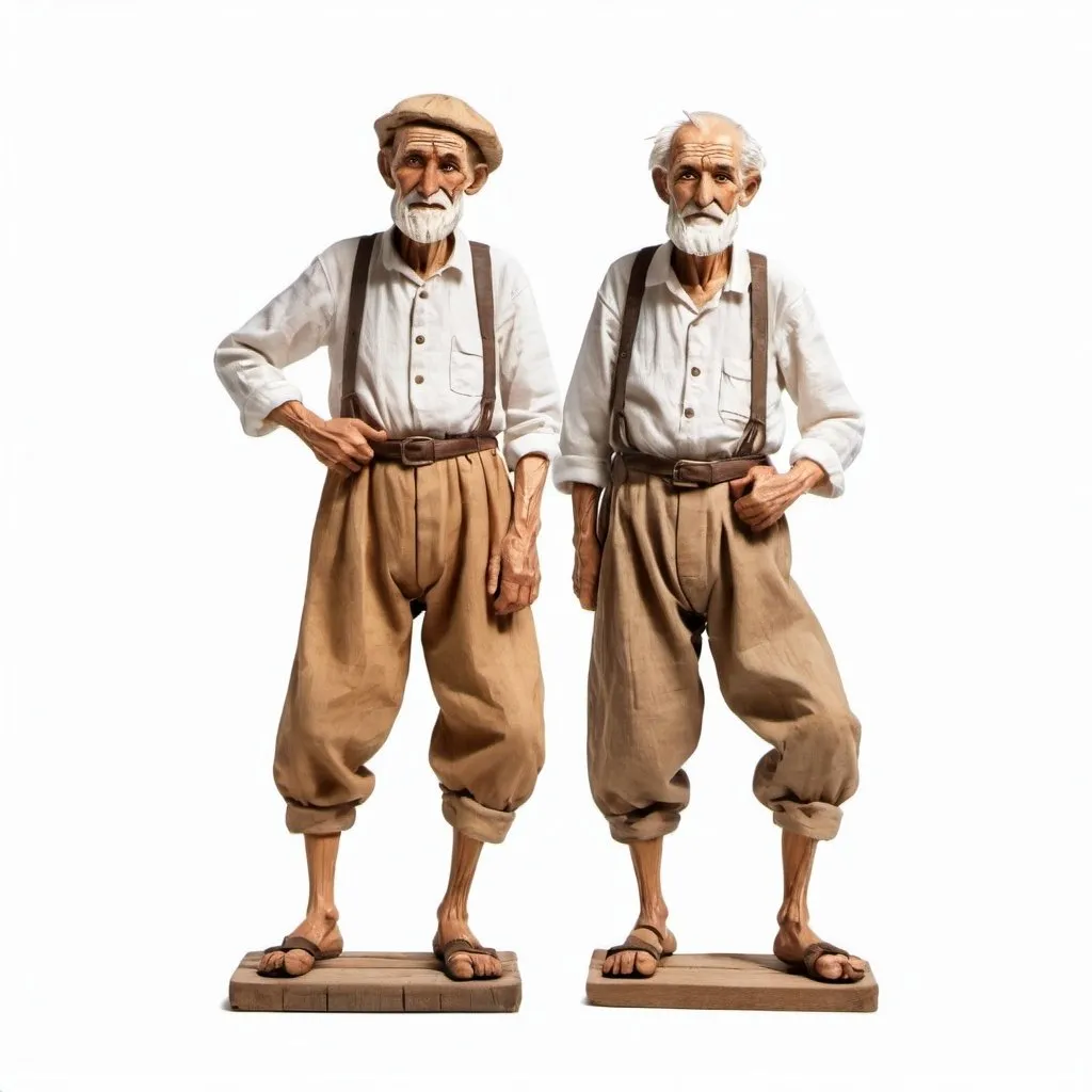 Prompt: flat wooden figures of an old peasant village man in bast shoes and a shirt, in different poses, on a simple white background. a clear recognizable silhouette of an old man.