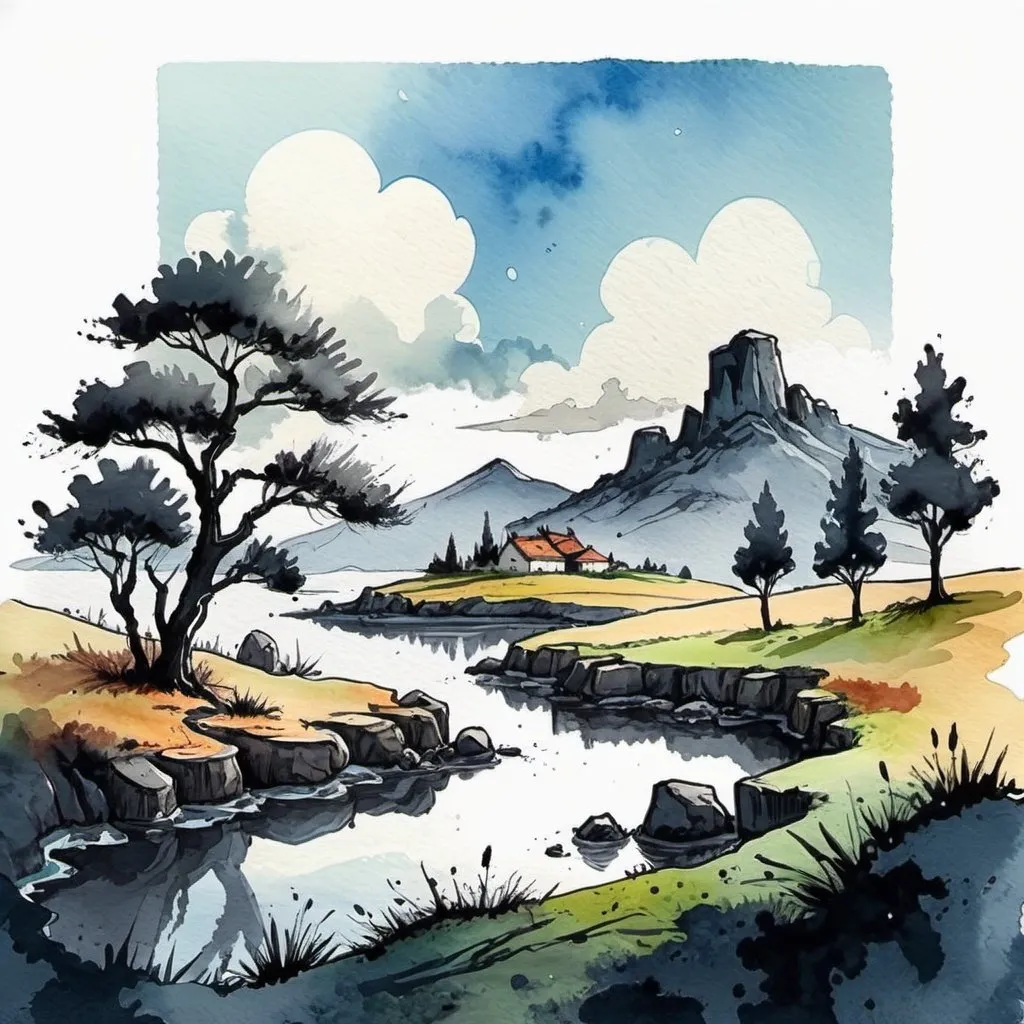 Prompt: landscape, a mixture of ink and watercolor styles