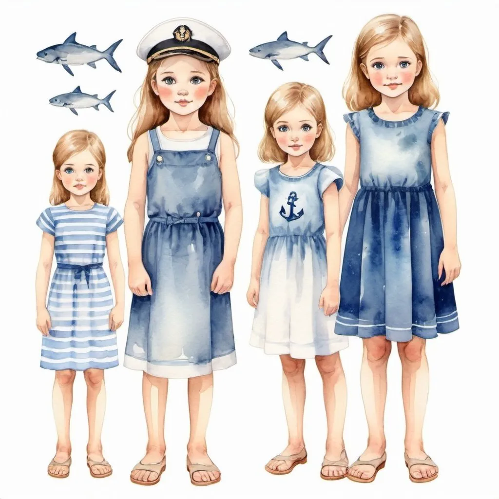 Prompt: Clothes design for seven year old girls. Full height, straight, arms along the body, Marine theme. watercolor. Faces with correct, realistic proportions. Small eyes.