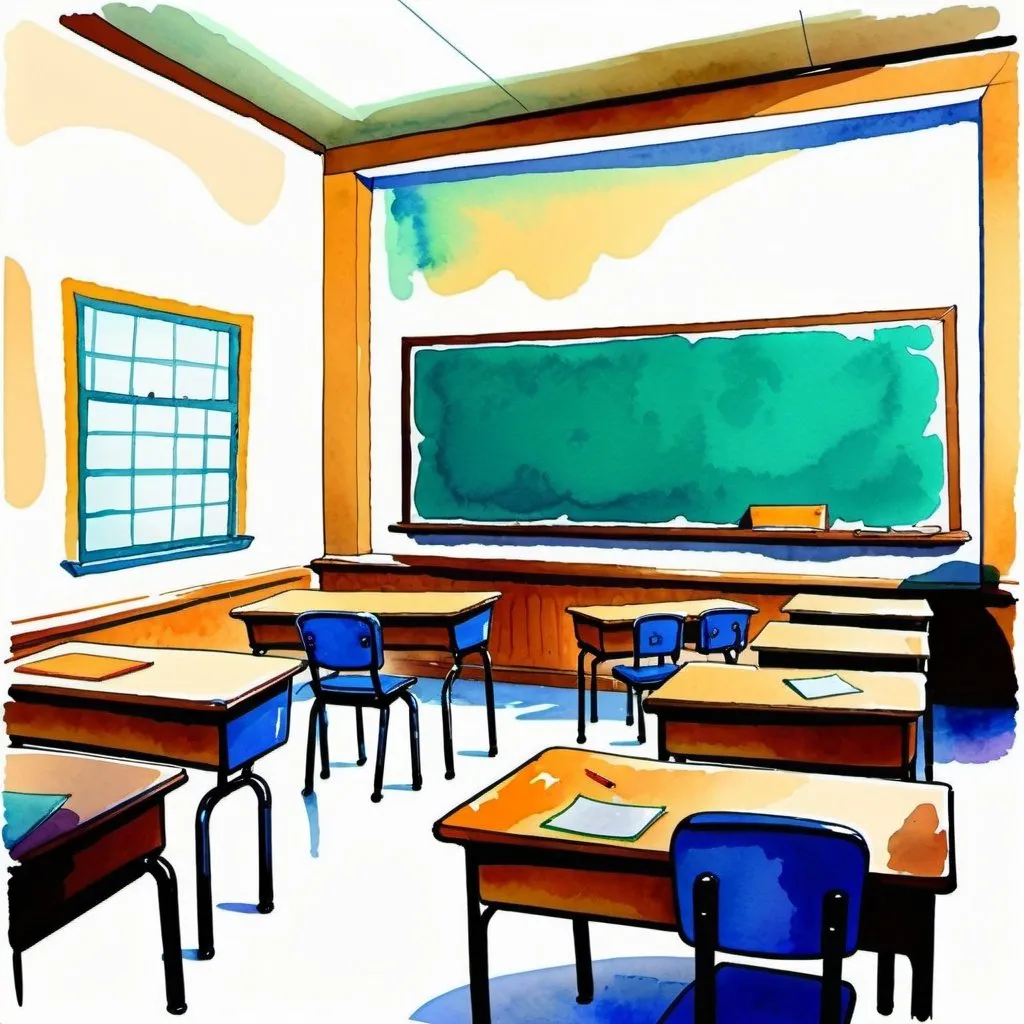 Prompt: school room, wet watercolor, simple shapes, subdued colors, desks, teacher's desk. cartoon style, looking directly at the school board,