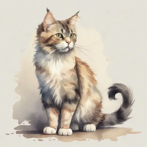Prompt: cartoon fluffy domestic cat in full growth, standing with one paw raised, watercolor, discreet colors