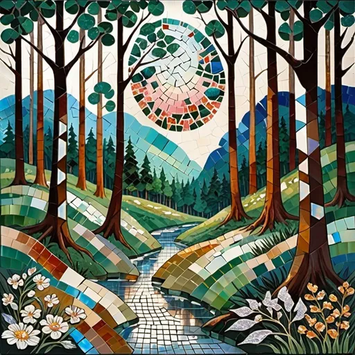 Prompt: landscape, forest, a mixture of mosaic styles and mother-of-pearl gouache