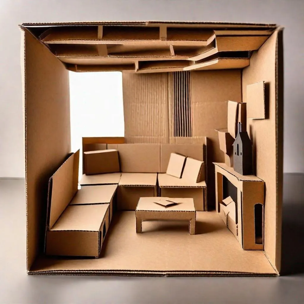 Prompt: design of a box showing a living room with furniture made of cardboard, beige packaging cardboard, handmade style, front view, direct perspective