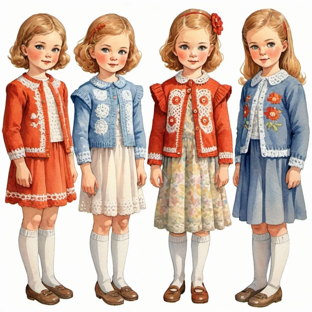 Prompt: Clothes design for seven year old girls. Full length, straight, arms along the body, crocheted blouse or jacket. knitted lace, watercolor. Soviet graphics. Faces with correct, realistic proportions. Small eyes.