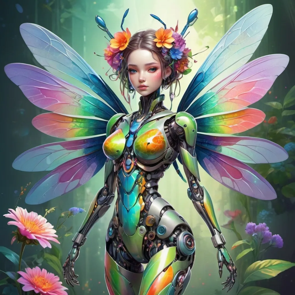 Prompt: costume design for a character from the game warframe, full-length, dragonfly stylization, biorobot, unusual painting, drawing, watercolor, master's work neon goddess,, drawing, watercolor, master's work, painting, beautifully detailed, art by Sakimichan , unusual flowers, rainbow tones