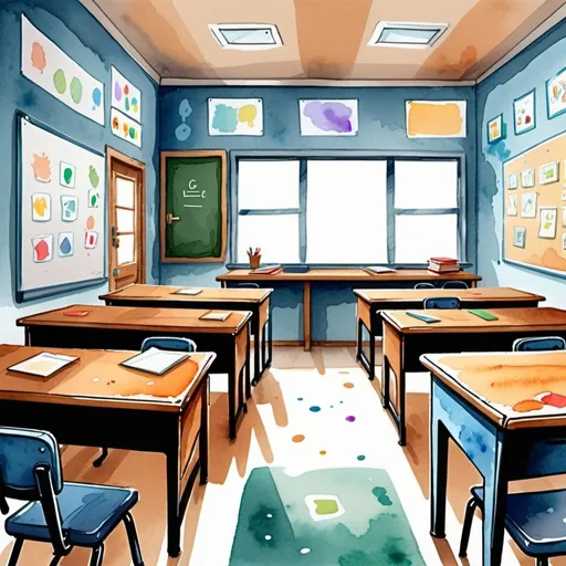 Prompt: school room, wet watercolor, simple shapes, subdued colors, desks, teacher's desk. cartoon style, view directly at the school board in the center, windows on the left, wall on the right with an exit and drawings on the wall, illustration for the game