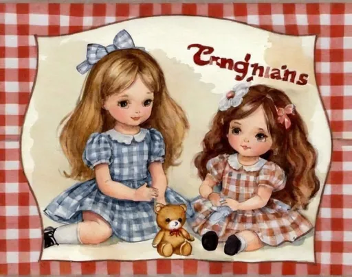 Prompt: watercolor, scene of two girls playing with dolls, doll clothes sketched on paper in the background, digital scrapbooking, Christianity, The Gingham's Paper Dolls, cover, paper doll box