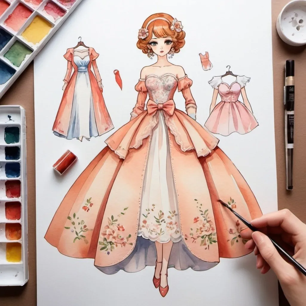 Prompt: design of beautiful elegant clothes for a paper doll, anime, comiс, watercolor, original