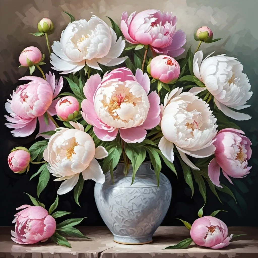 Prompt: bouquet of pink and white peonies, highly detailed stylized oil painting
