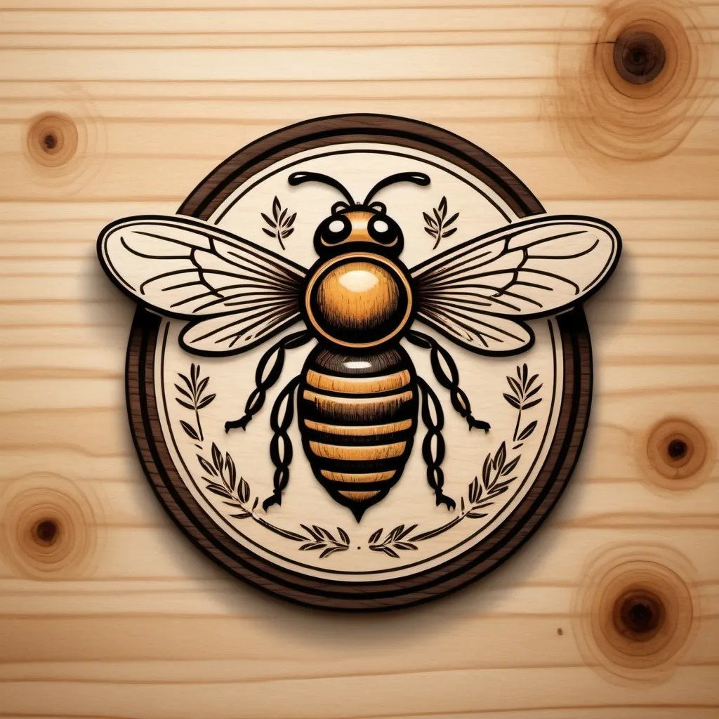 Prompt: logo, bee flying up and carrying a small pot in its paws above itself, wood burning, wood carving, brown lines from the effect of deepening on the plane of a wooden board, simple shapes, stylization