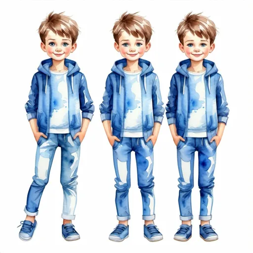 Prompt: Clothes design for boys. Full height, straight, arms along the body slightly to the side, blue , watercolor. cartoon, comic Faces with correct realistic proportions. Small eyes.