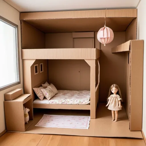 Prompt: cardboard doll room, stage, bedroom, bed closet, beige wrapping paper, wooden house,