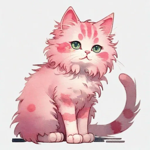 Prompt: cartoon cute fluffy pink cat in full growth, standing sideways  with one paw raised, watercolor, discreet colors, art by Hiten pixiv, Gustav Klimt, Jeremy mann, high quality. 4k, sticker