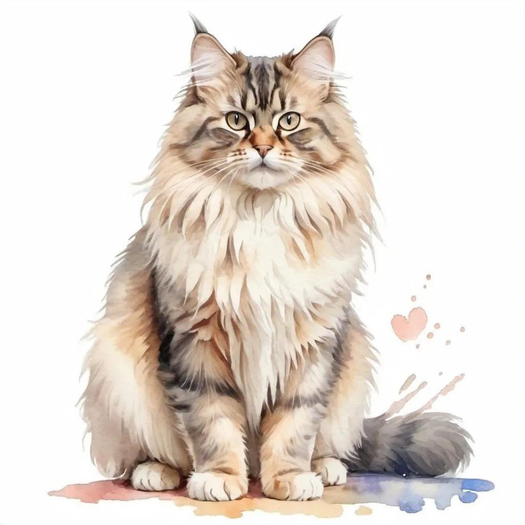 Prompt: cute fluffy Siberian cat in full growth, standing with one paw raised, watercolor, discreet colors