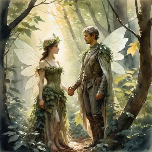 Prompt: In the wood, man and woman in costume, fairies, elves, fantasy, detailed, backlight, arntzenius, fantastical, breathtaking, digital art, high quality, high detail, leafy branches, warm sunlight filtered through leaves, intricate, stunning, Watercolor.