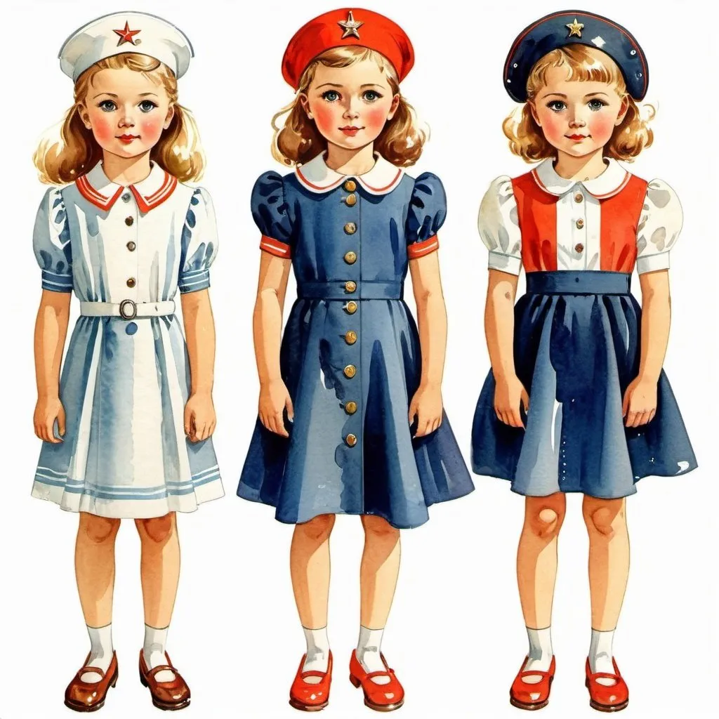 Prompt: Clothes design for seven year old girls. Full height. Marine theme. watercolor. Soviet fashion magazine, Soviet poster. Faces with correct, realistic proportions. Small eyes.